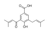 4-Hydroxy-3-(3-methyl-2-buteyl)-
5-(3-methyl-2-butenyl)benzoic acid